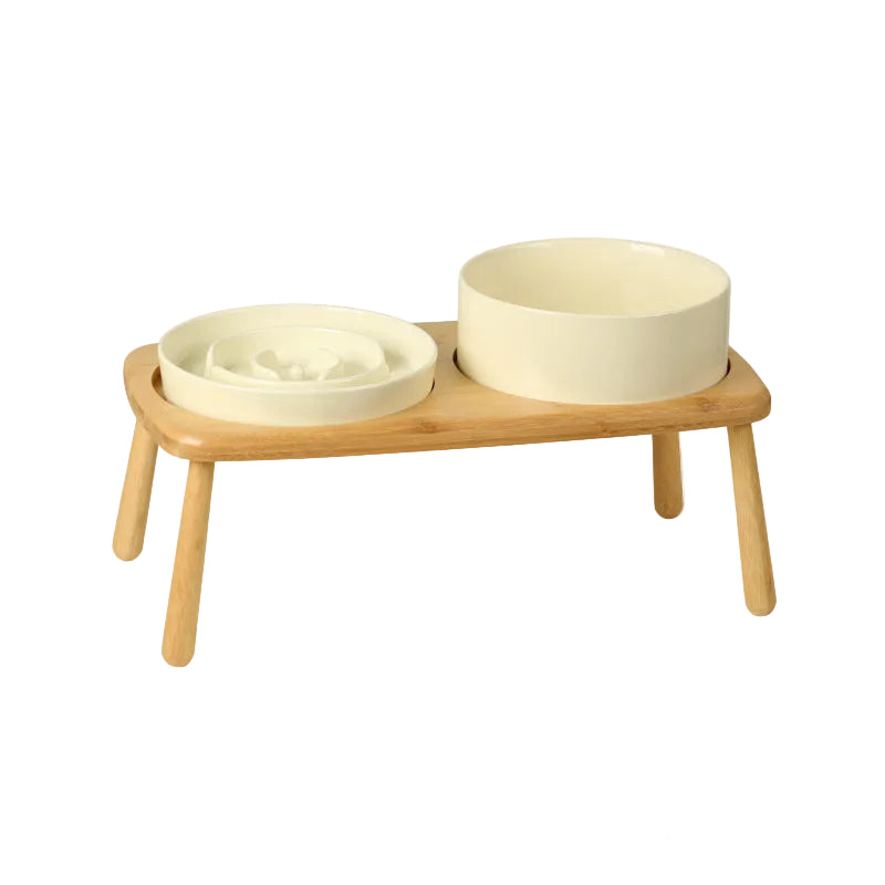 Slow Feeder & Water Bowl Set with Bamboo Stand – Soft Green