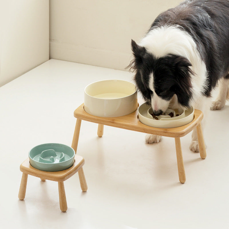 Slow Feeder & Water Bowl Set with Bamboo Stand – Soft Green