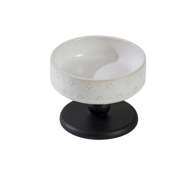 Snowflake Ceramic Pet Bowl with Wooden Base – Black Wood (Low Profile)