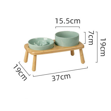 Slow Feeder & Water Bowl Set with Bamboo Stand – Soft Green
