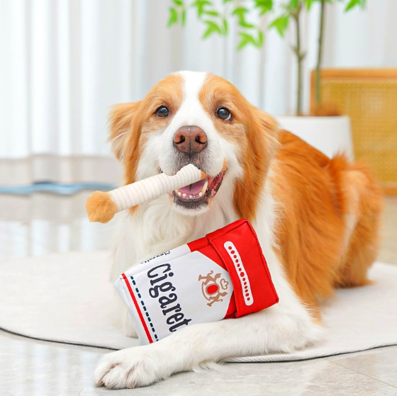 Funny Cigarette Dog Squeaky Toy – Plush Chew Toy with Crinkle Sounds & BB Squeaker