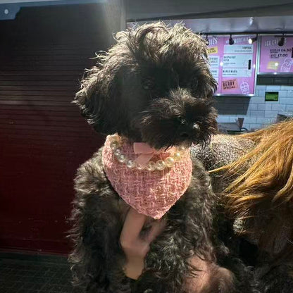 Chanel-Inspired Pearl Pet Bib – Pink Elegance for Small Dogs & Cats